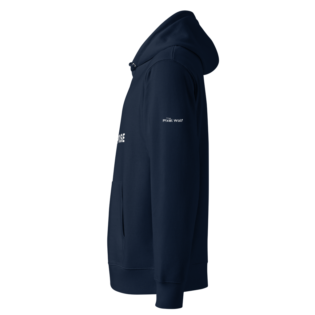 French Navy essential eco hoodie left side view with The Pixel Wolf logo – The Pixel Wolf
