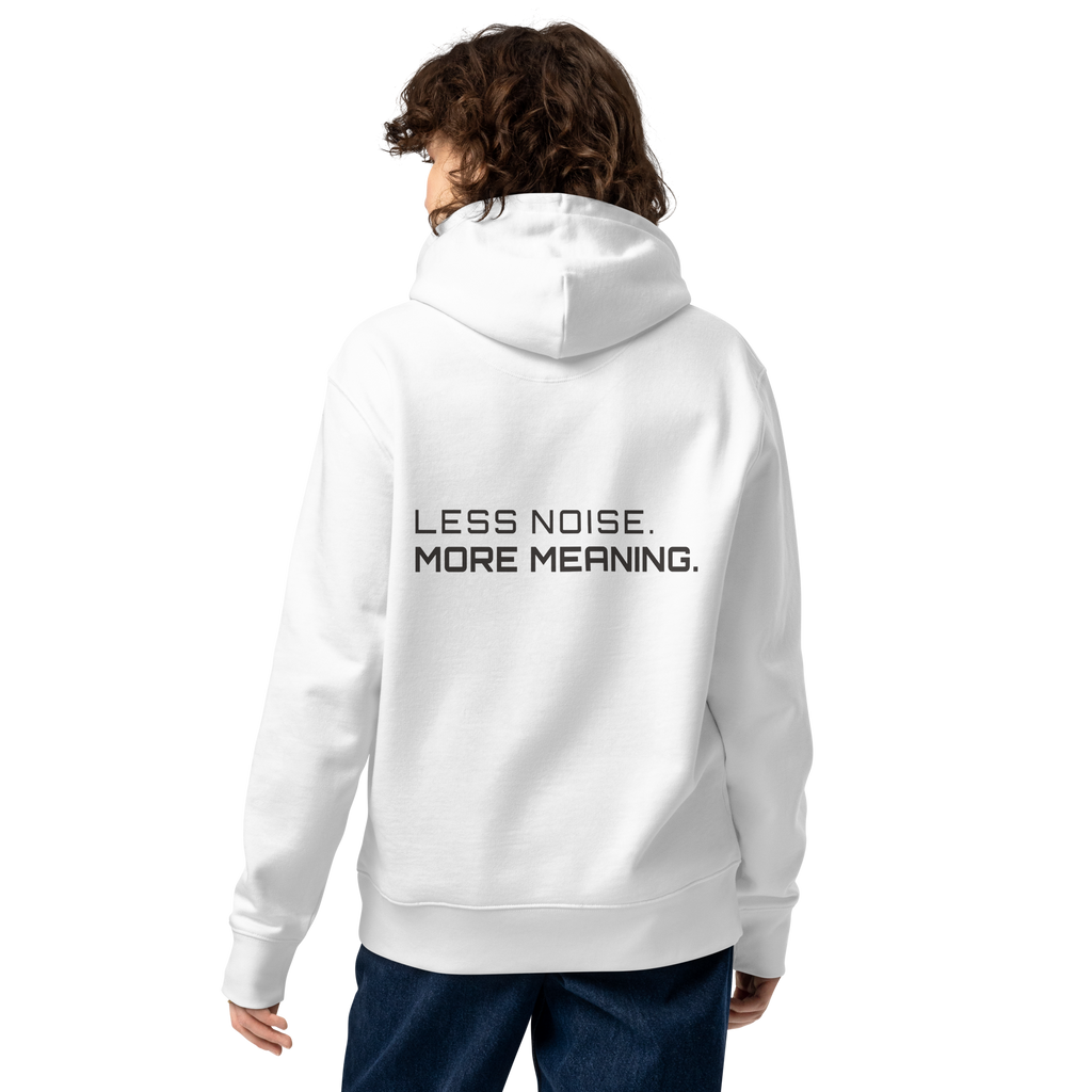 White eco hoodie lifestyle worn by model – The Pixel Wolf