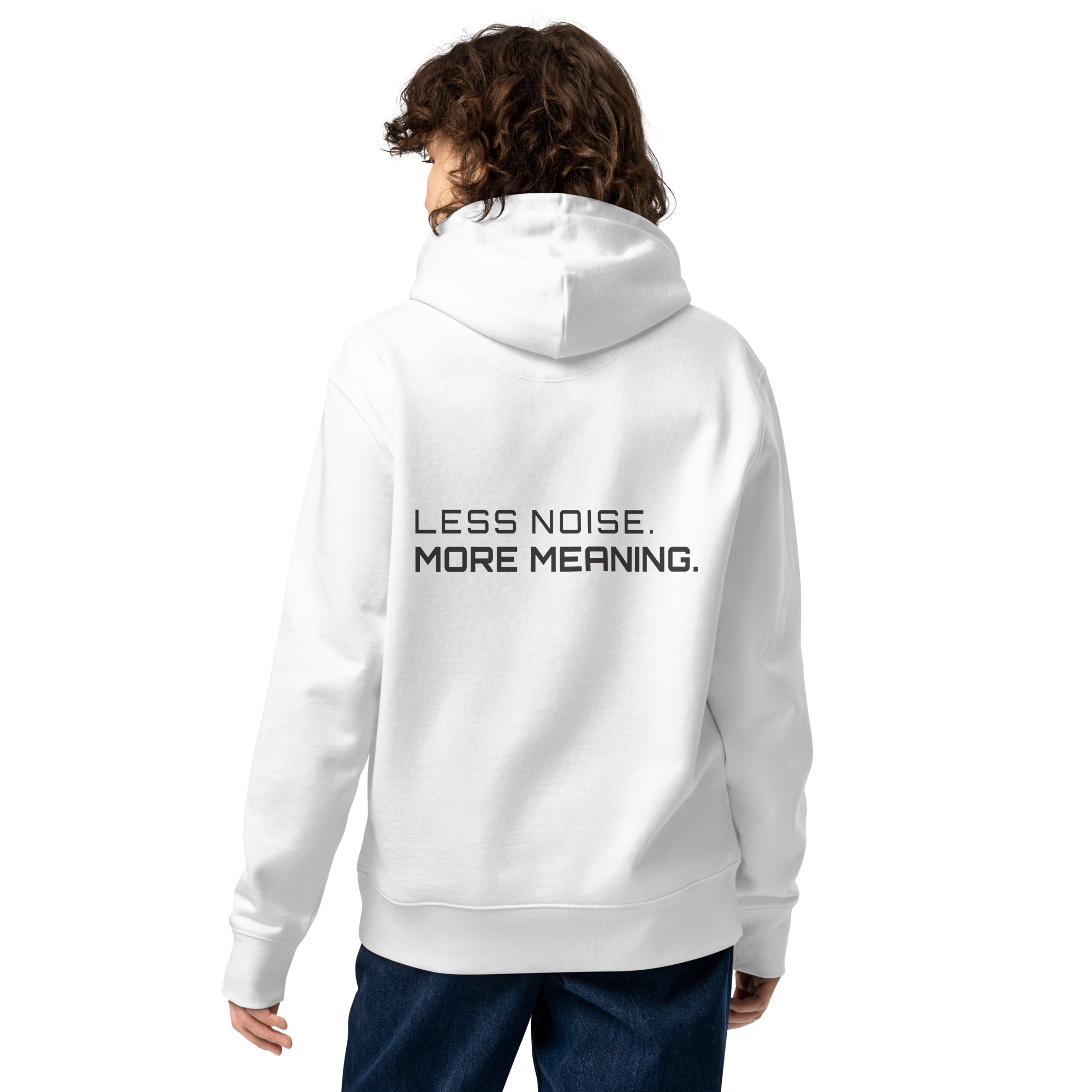 White eco hoodie lifestyle worn by model – The Pixel Wolf