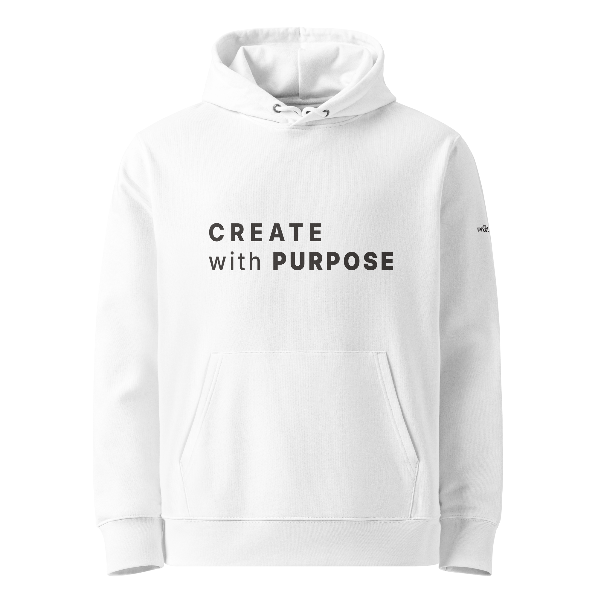 White essential eco hoodie front view with “CREATE WITH PURPOSE” print – The Pixel Wolf