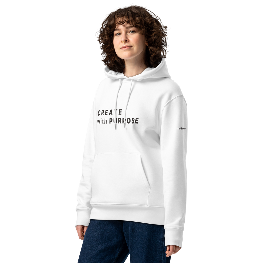 White essential eco hoodie lifestyle front worn by model – The Pixel Wolf