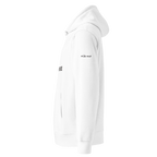 White essential eco hoodie left side view with The Pixel Wolf logo – The Pixel Wolf
