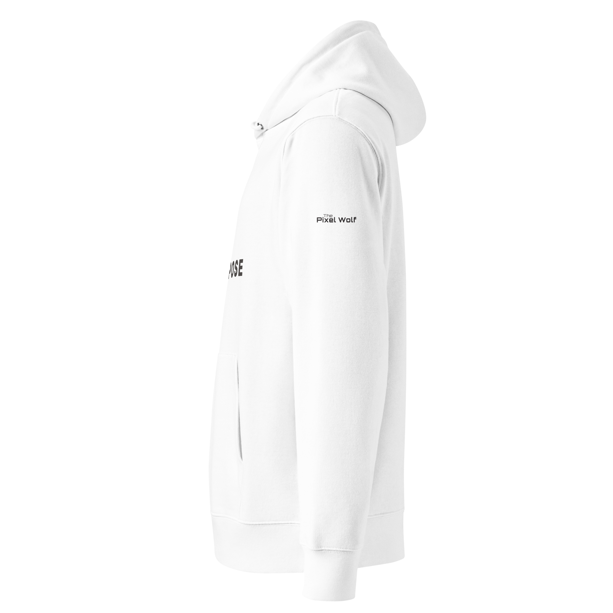 White essential eco hoodie left side view with The Pixel Wolf logo – The Pixel Wolf