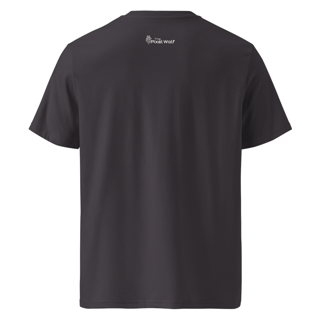 Anthracite organic cotton t-shirt with The Pixel Wolf logo printed on upper back