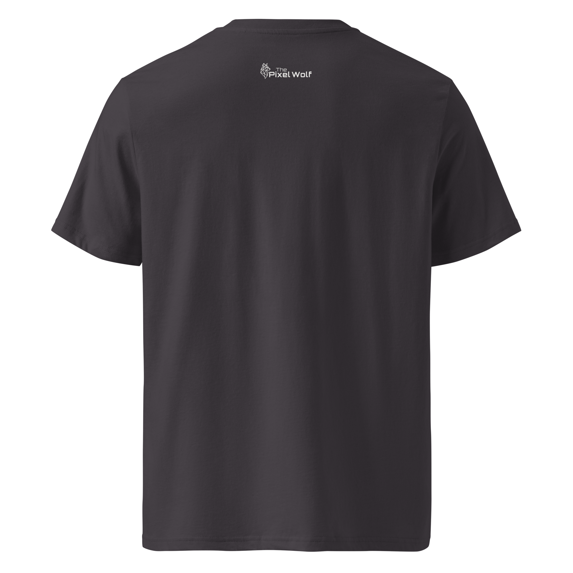 Anthracite organic cotton t-shirt with The Pixel Wolf logo printed on upper back