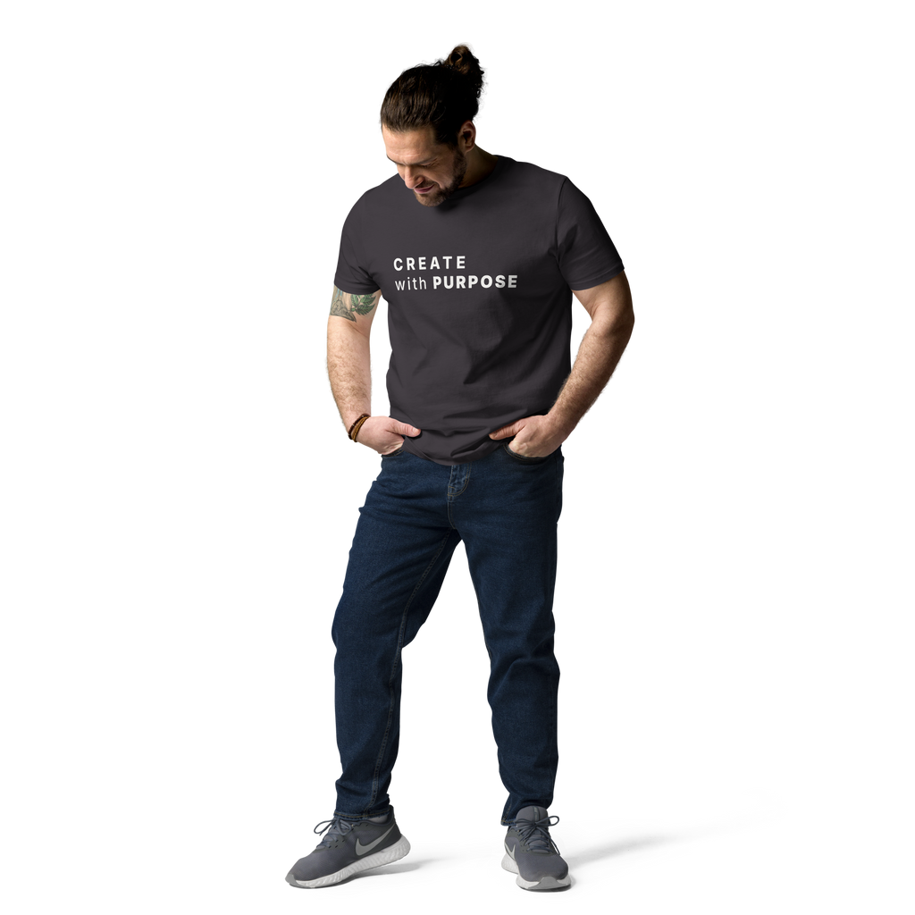 Anthracite organic cotton t-shirt lifestyle photo of man wearing “CREATE with PURPOSE”