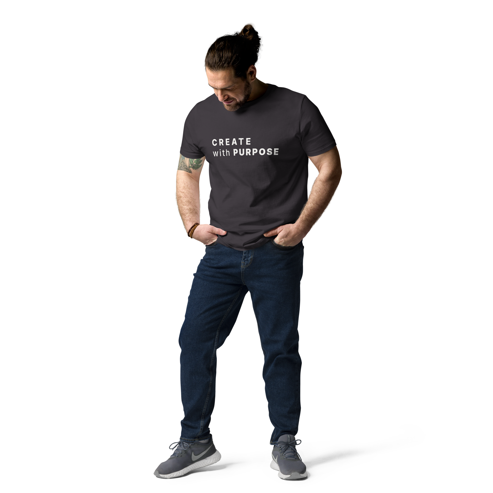 Anthracite organic cotton t-shirt lifestyle photo of man wearing “CREATE with PURPOSE”