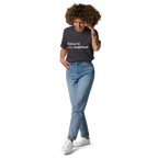 Anthracite organic cotton t-shirt lifestyle photo of woman wearing “CREATE with PURPOSE”