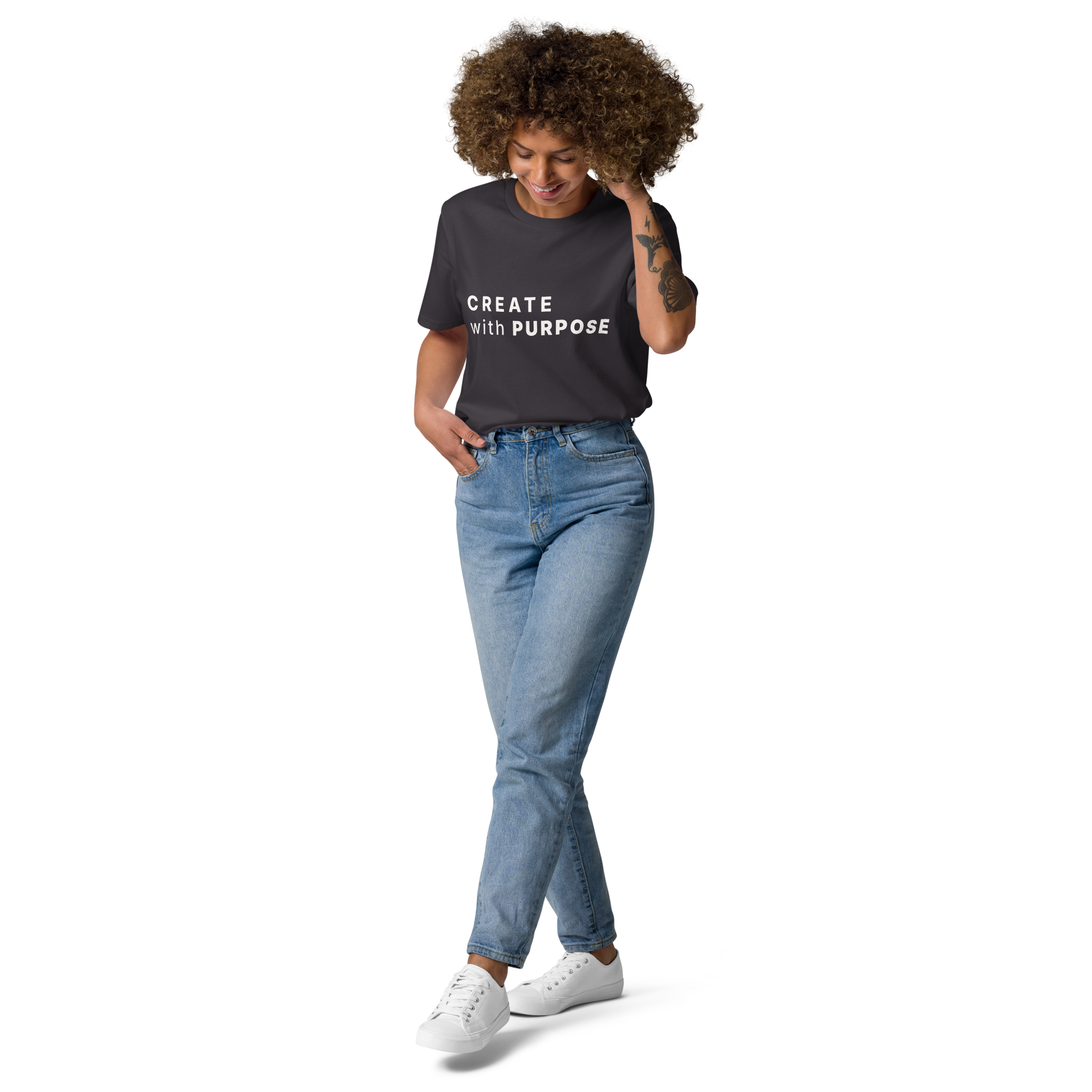 Anthracite organic cotton t-shirt lifestyle photo of woman wearing “CREATE with PURPOSE”