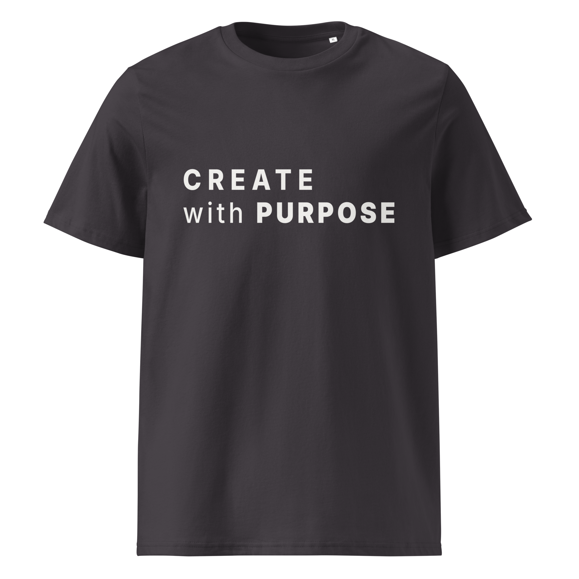Anthracite organic cotton t-shirt with “CREATE with PURPOSE” print on chest