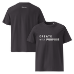 Anthracite organic cotton t-shirt with “CREATE with PURPOSE” front print and The Pixel Wolf logo on back