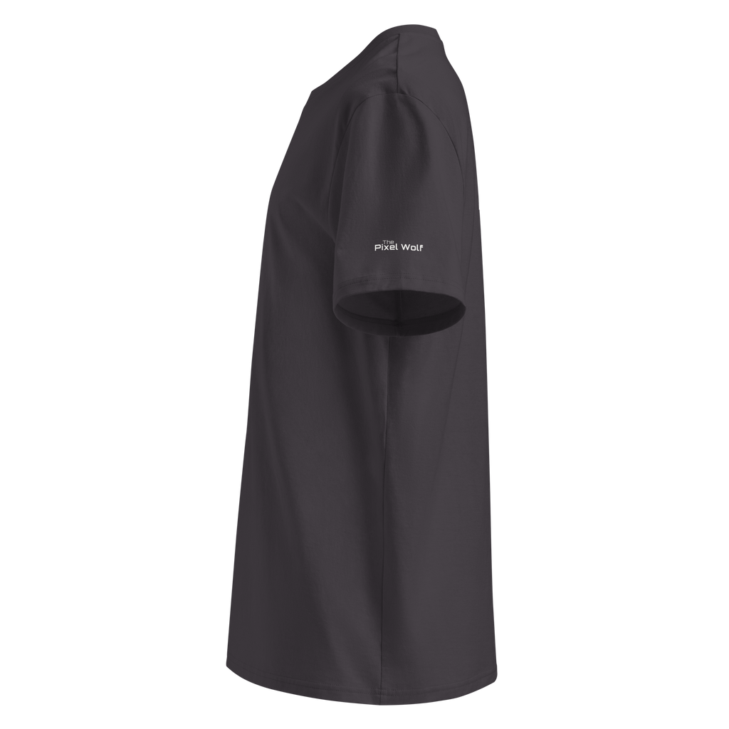 Anthracite organic cotton t-shirt left side view with sleeve logo detail – The Pixel Wolf