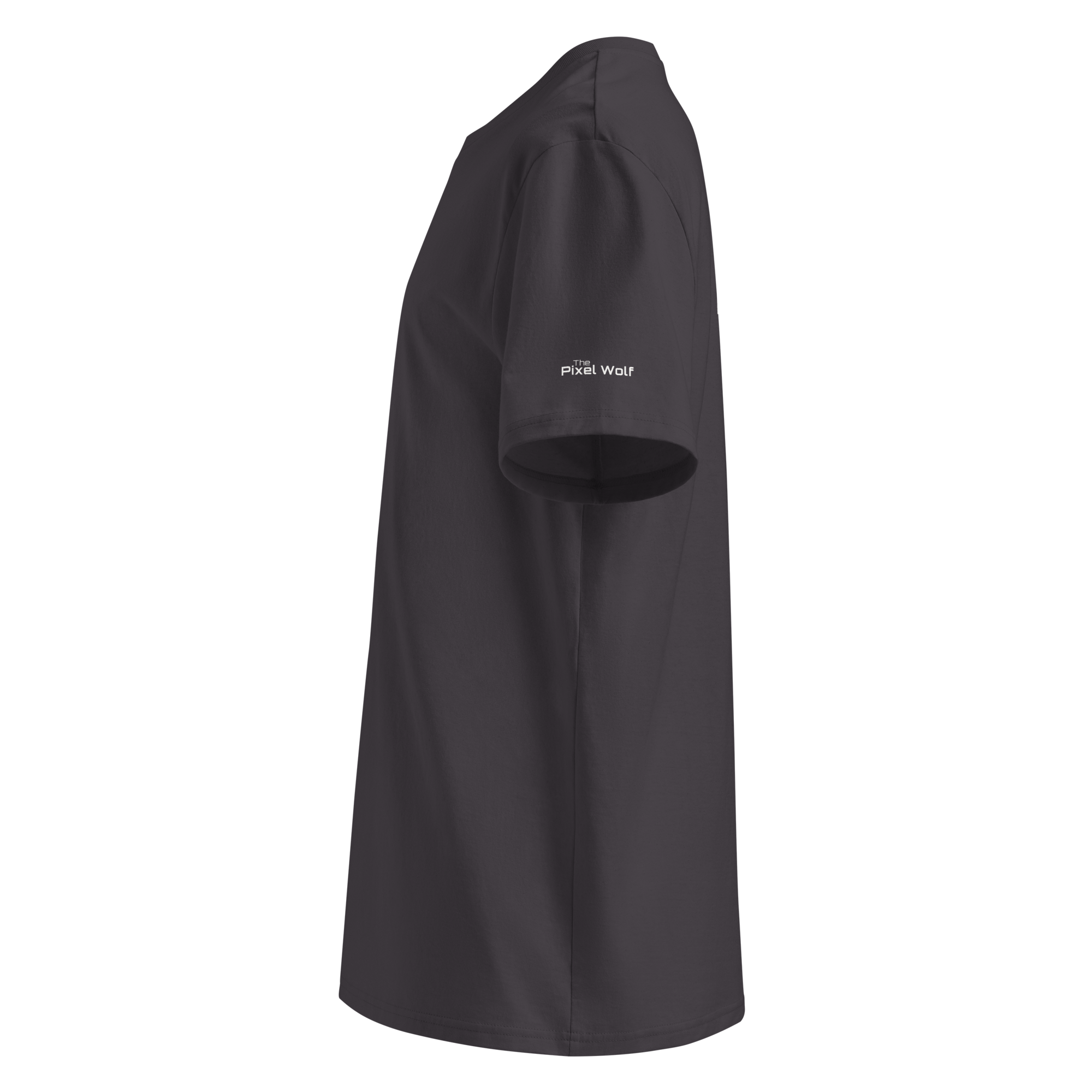 Anthracite organic cotton t-shirt left side view with sleeve logo detail – The Pixel Wolf