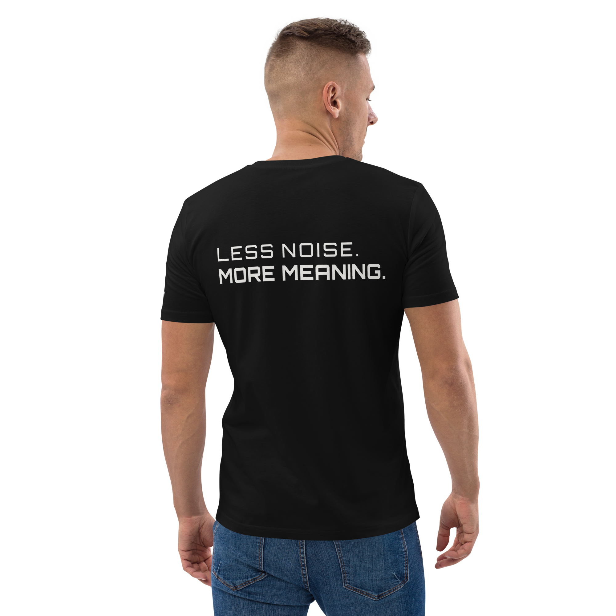 Black organic cotton t-shirt lifestyle worn by model – The Pixel Wolf