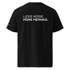 Black organic cotton t-shirt back view with “Less Noise More Meaning” slogan – The Pixel Wolf