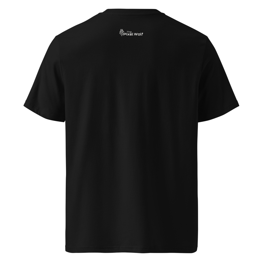 Black organic cotton t-shirt with The Pixel Wolf logo printed on upper back