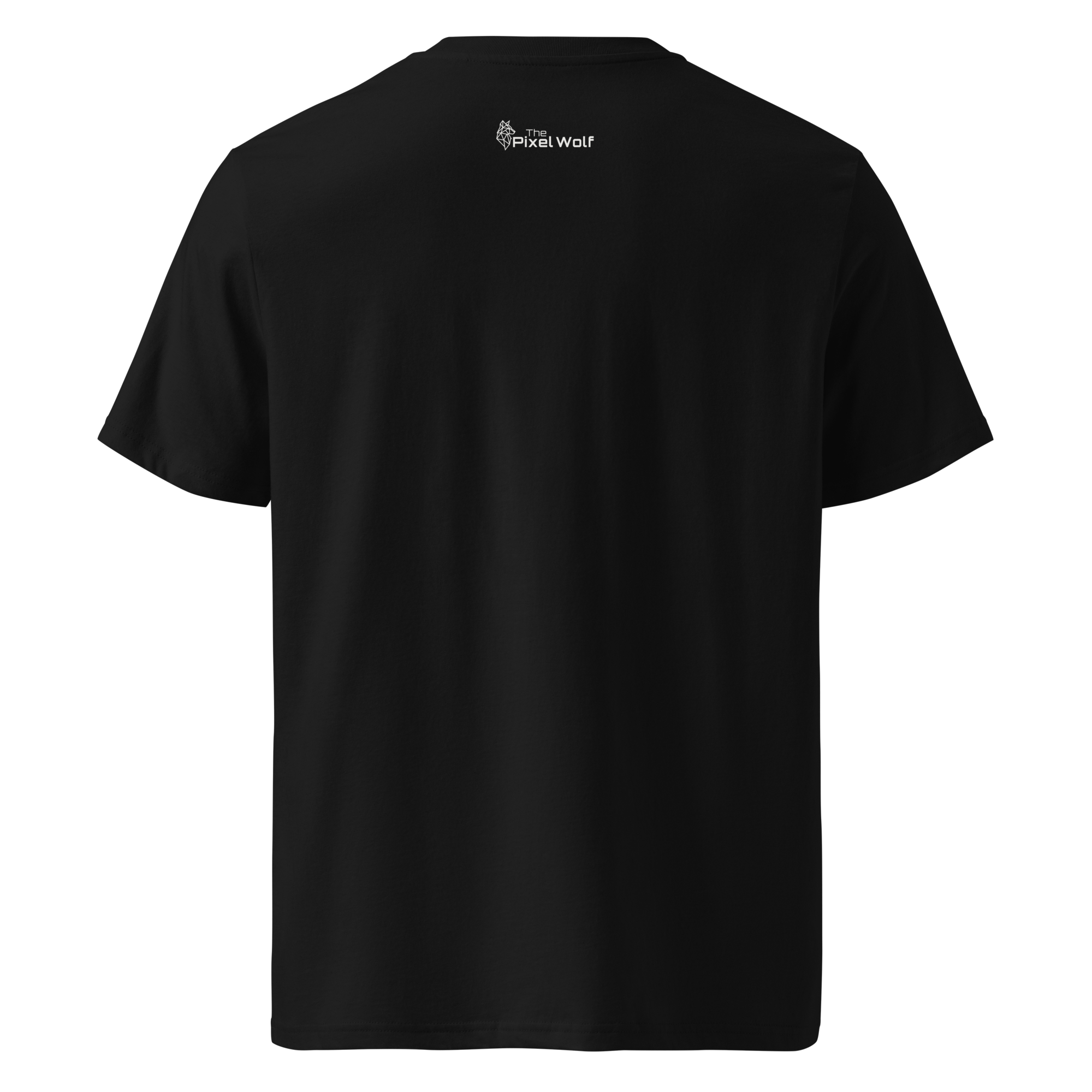 Black organic cotton t-shirt with The Pixel Wolf logo printed on upper back