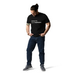 Black organic cotton t-shirt lifestyle photo of man wearing “CREATE with PURPOSE”