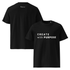 Black organic cotton t-shirt with “CREATE with PURPOSE” front print and The Pixel Wolf logo on back