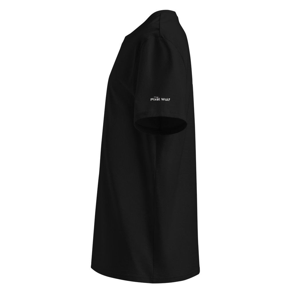 Black organic cotton t-shirt left side view with sleeve logo detail – The Pixel Wolf