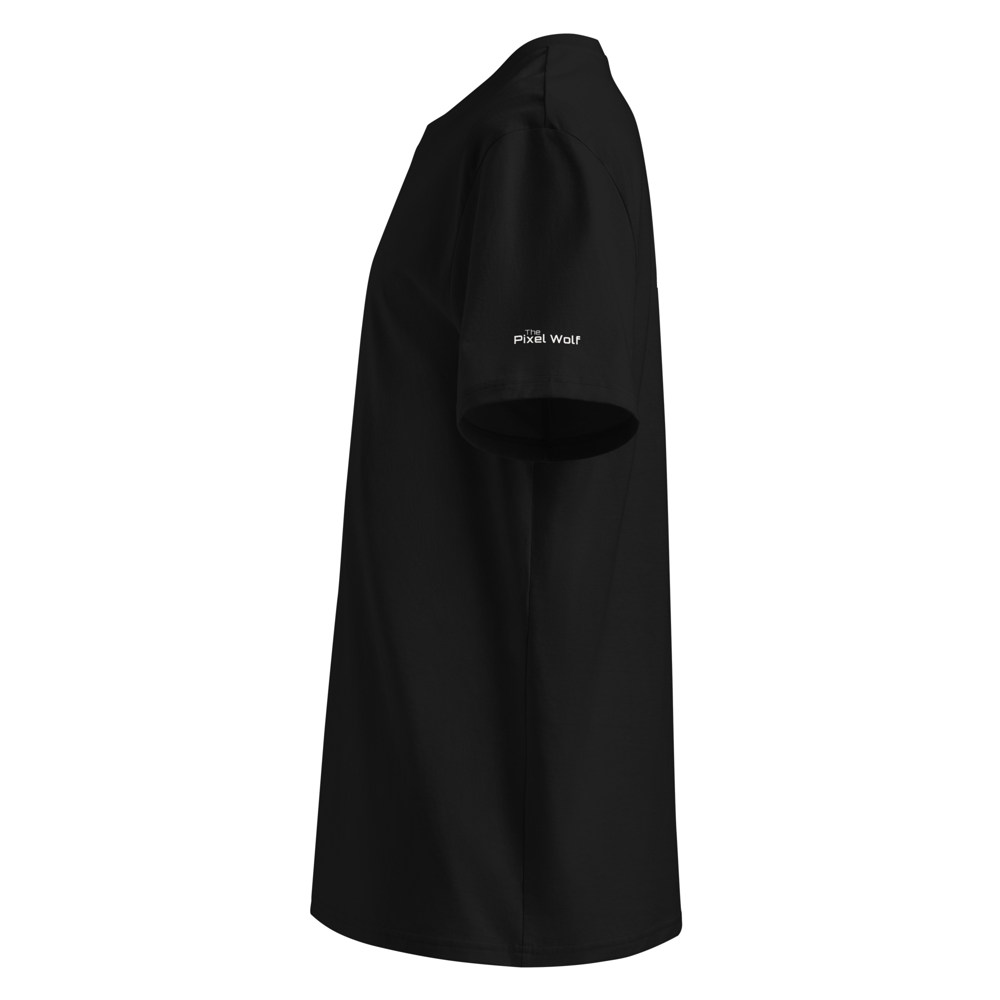 Black organic cotton t-shirt left side view with sleeve logo detail – The Pixel Wolf