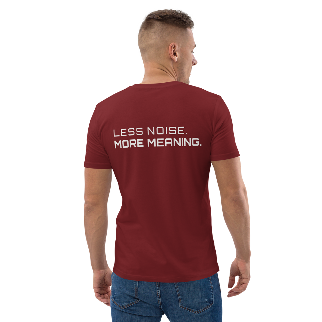 Burgundy organic cotton t-shirt lifestyle worn by model – The Pixel Wolf