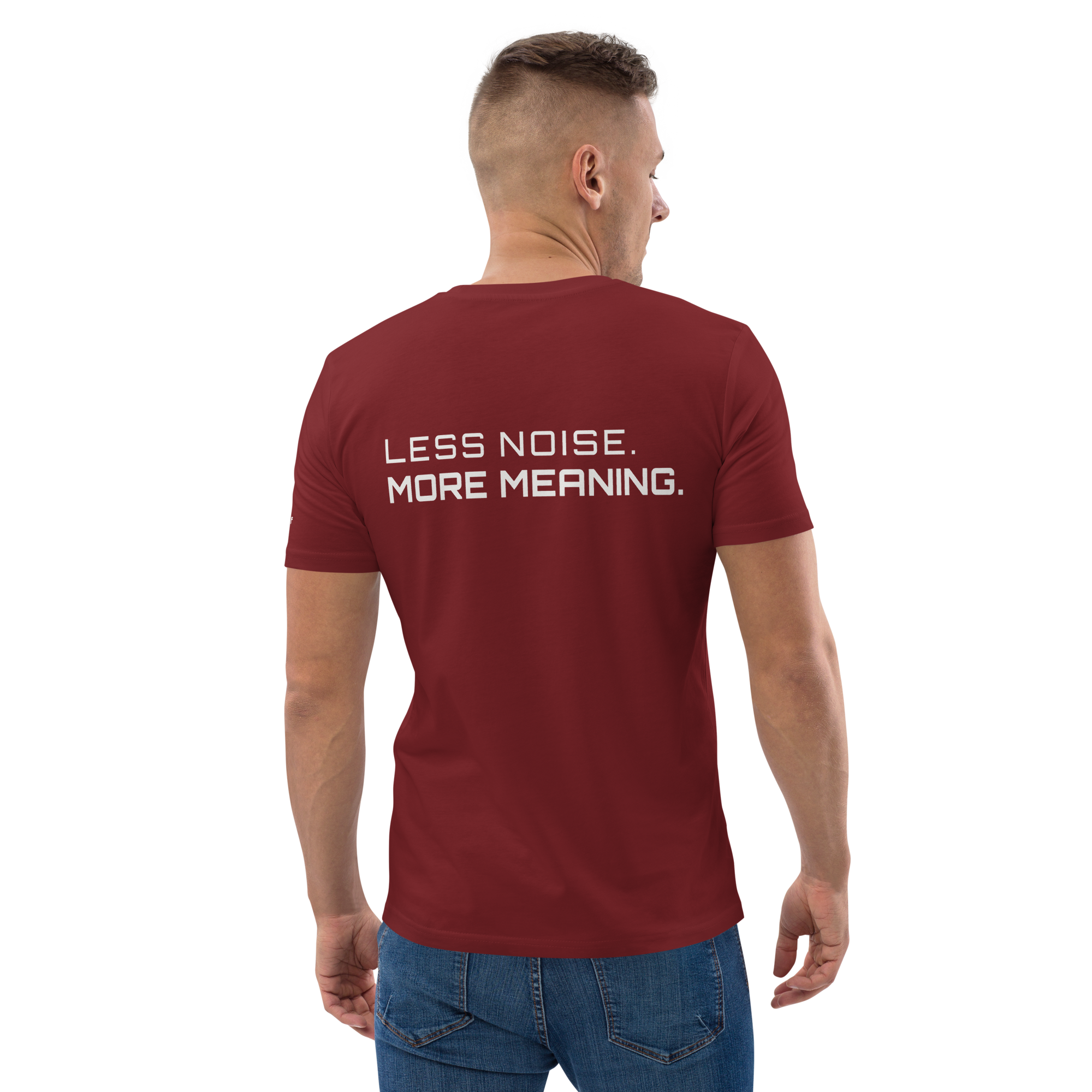 Burgundy organic cotton t-shirt lifestyle worn by model – The Pixel Wolf