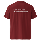 Burgundy organic cotton t-shirt back view with “Less Noise More Meaning” slogan – The Pixel Wolf