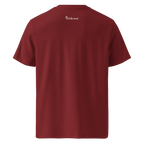 Burgundy organic cotton t-shirt with The Pixel Wolf logo printed on upper back