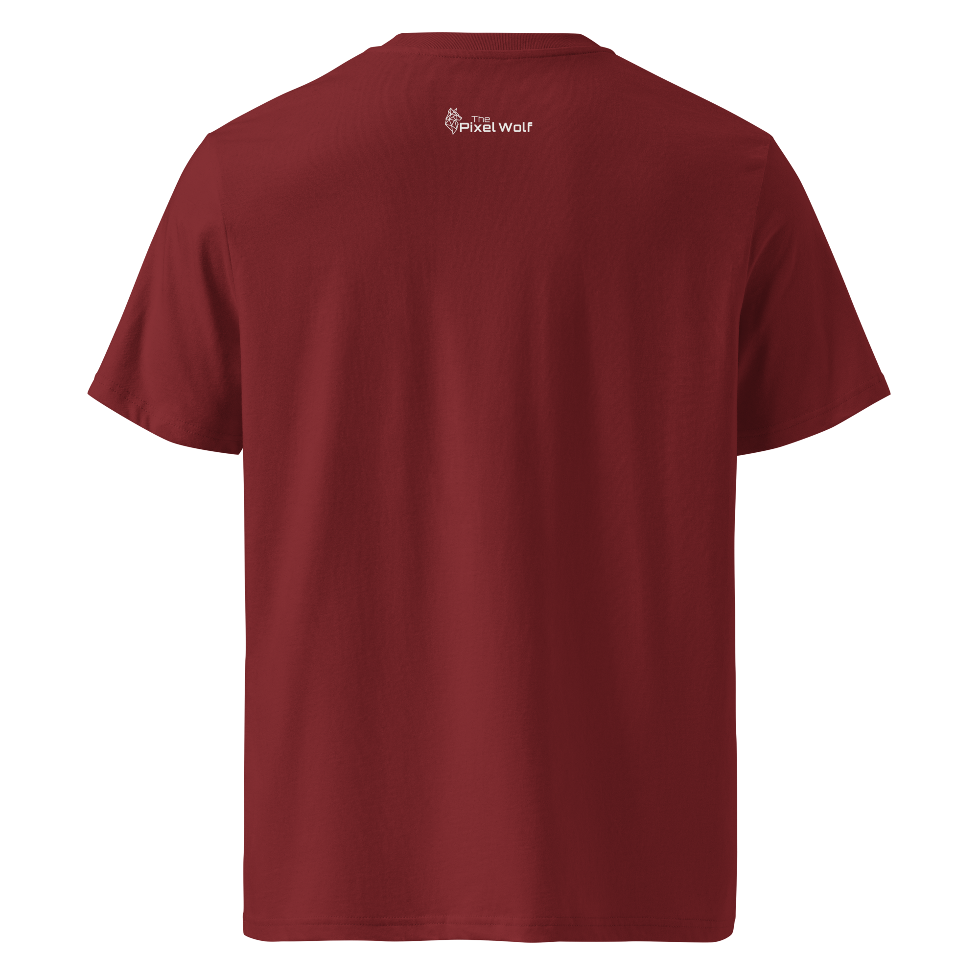 Burgundy organic cotton t-shirt with The Pixel Wolf logo printed on upper back