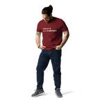 Burgundy organic cotton t-shirt lifestyle photo of man wearing “CREATE with PURPOSE”