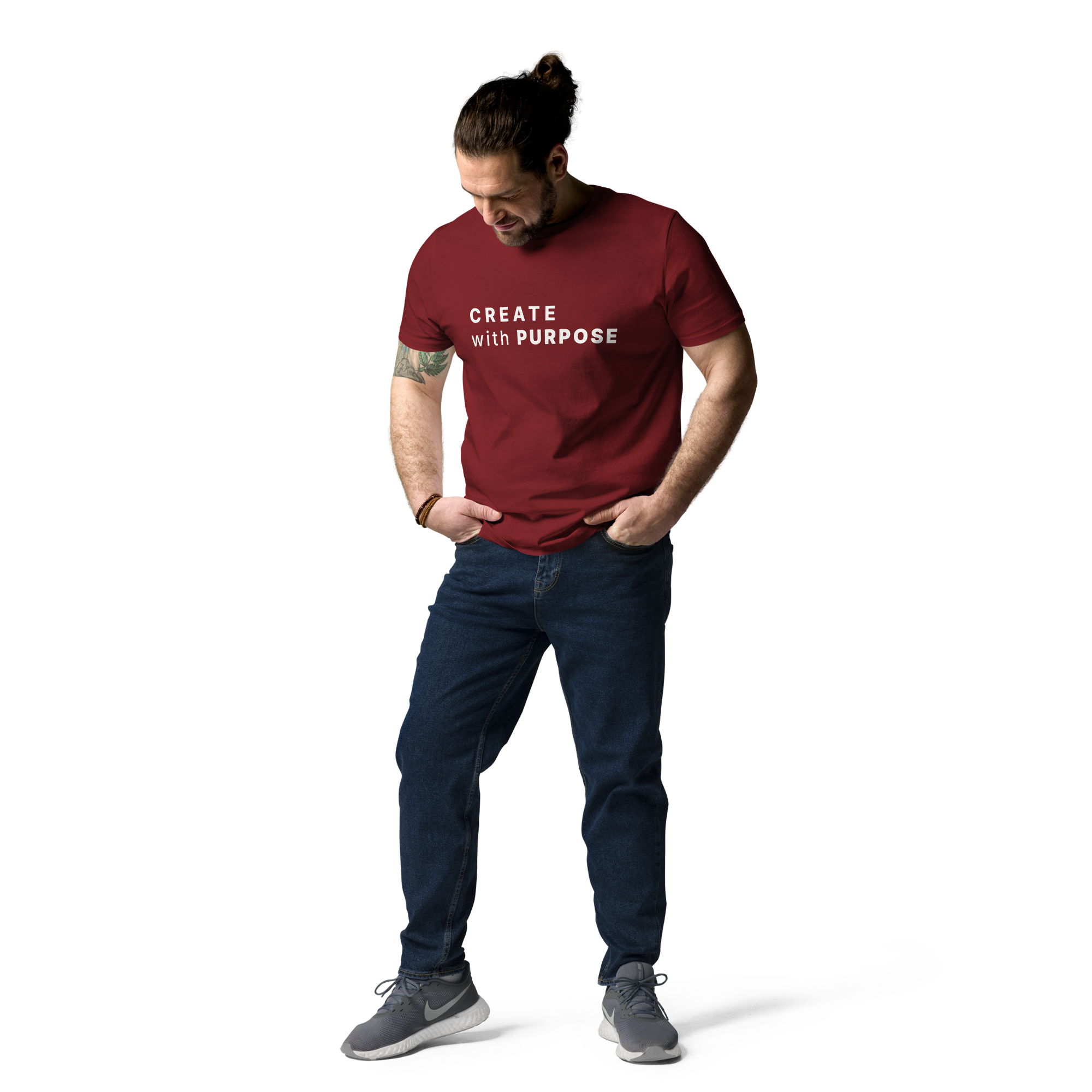 Burgundy organic cotton t-shirt lifestyle photo of man wearing “CREATE with PURPOSE”