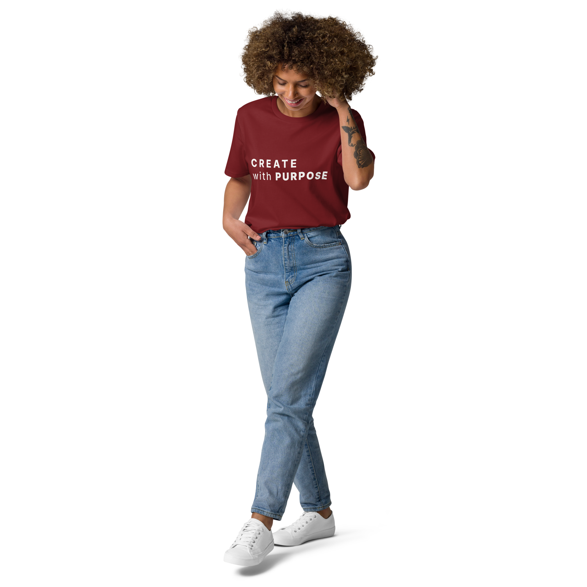 Burgundy organic cotton t-shirt lifestyle photo of woman wearing “CREATE with PURPOSE”