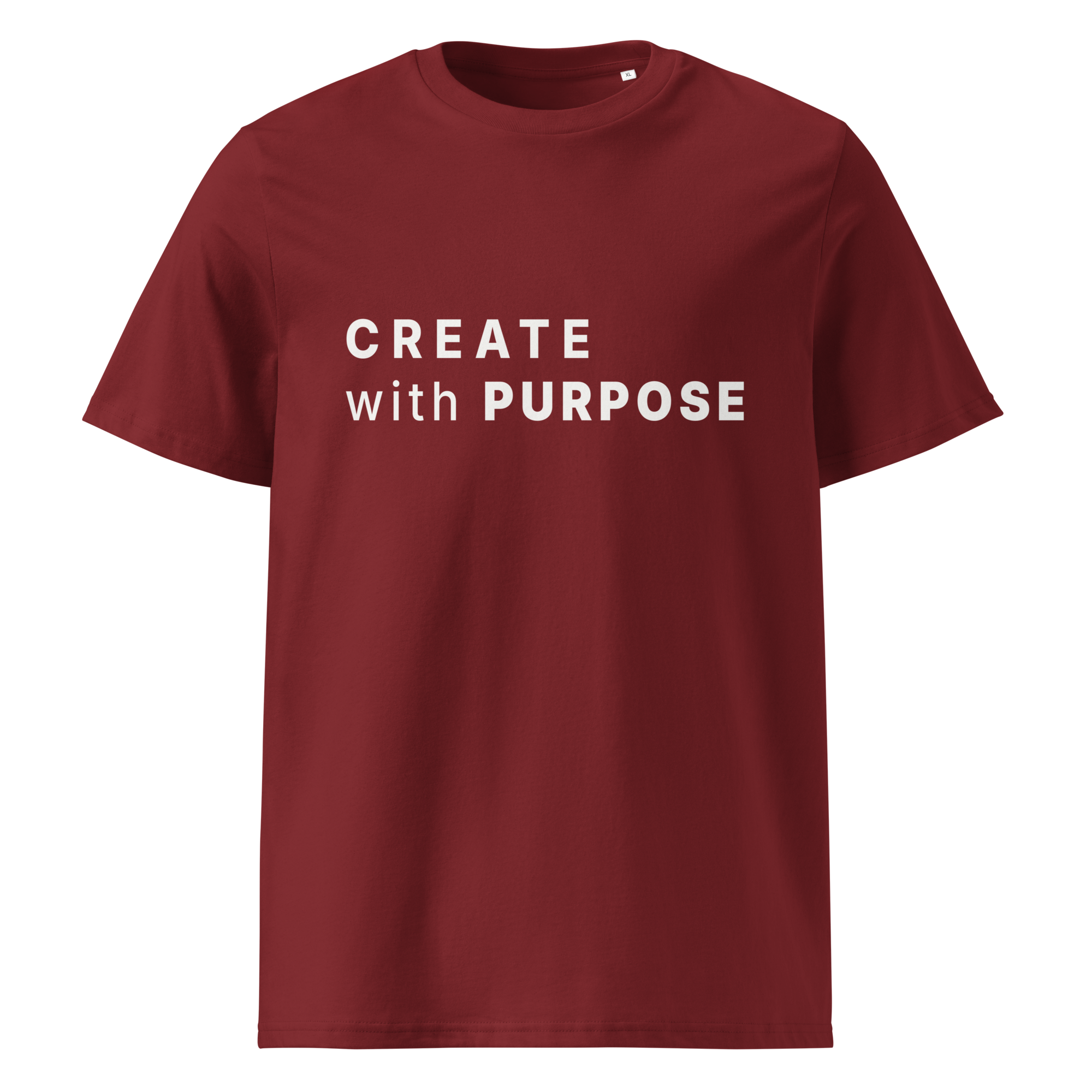 Burgundy organic cotton t-shirt with “CREATE with PURPOSE” print on chest
