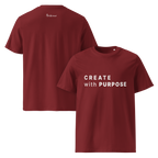 Burgundy organic cotton t-shirt with “CREATE with PURPOSE” front print and The Pixel Wolf logo on back
