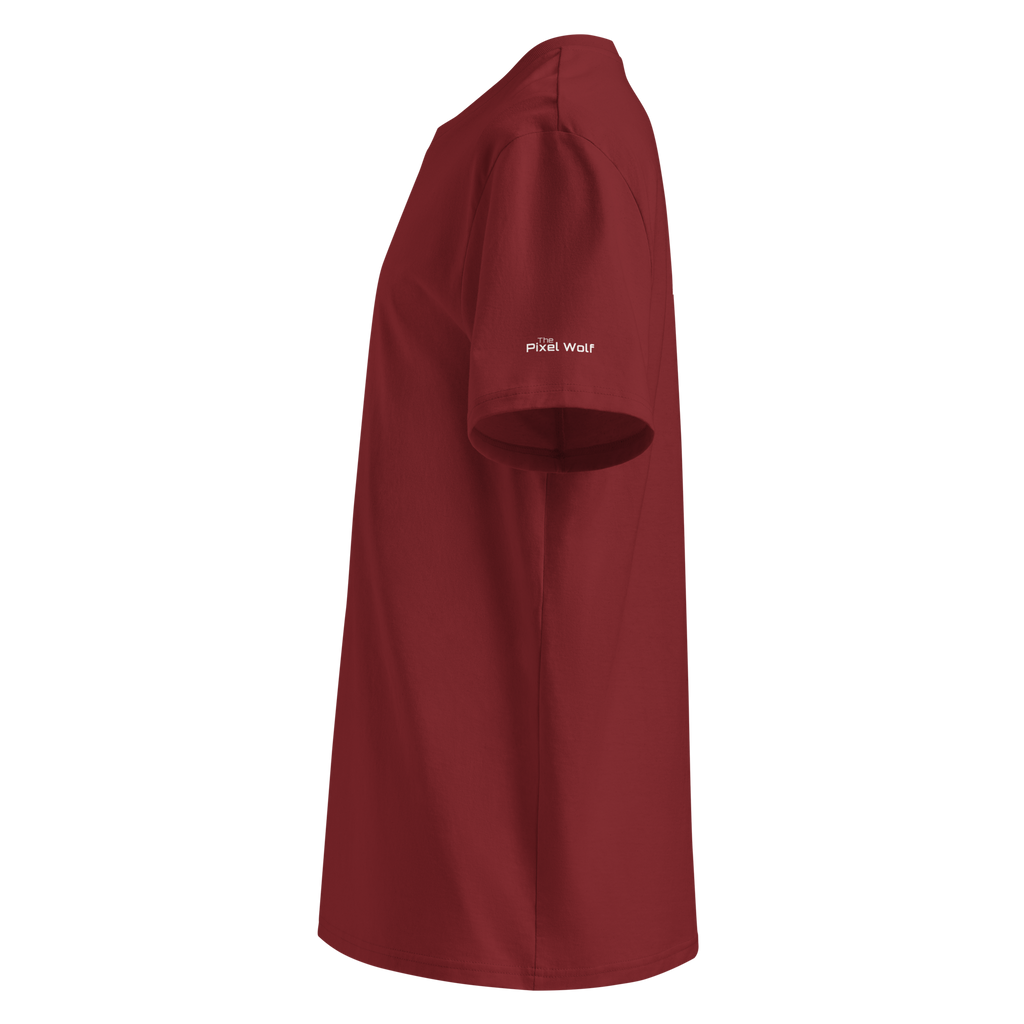 Burgundy organic cotton t-shirt left side view with sleeve logo detail – The Pixel Wolf