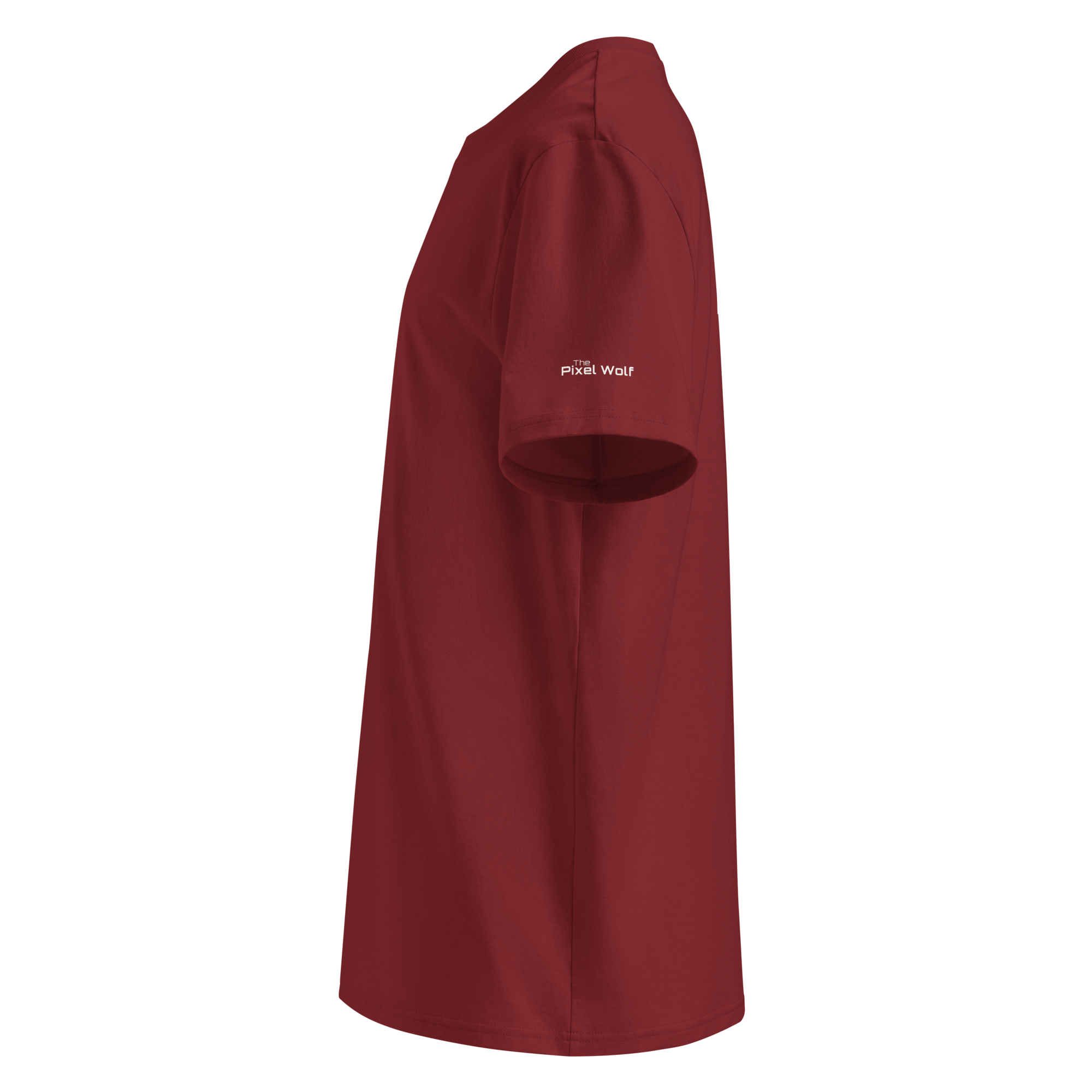Burgundy organic cotton t-shirt left side view with sleeve logo detail – The Pixel Wolf