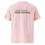 Cotton Pink organic cotton t-shirt back view with “Less Noise More Meaning” slogan – The Pixel Wolf