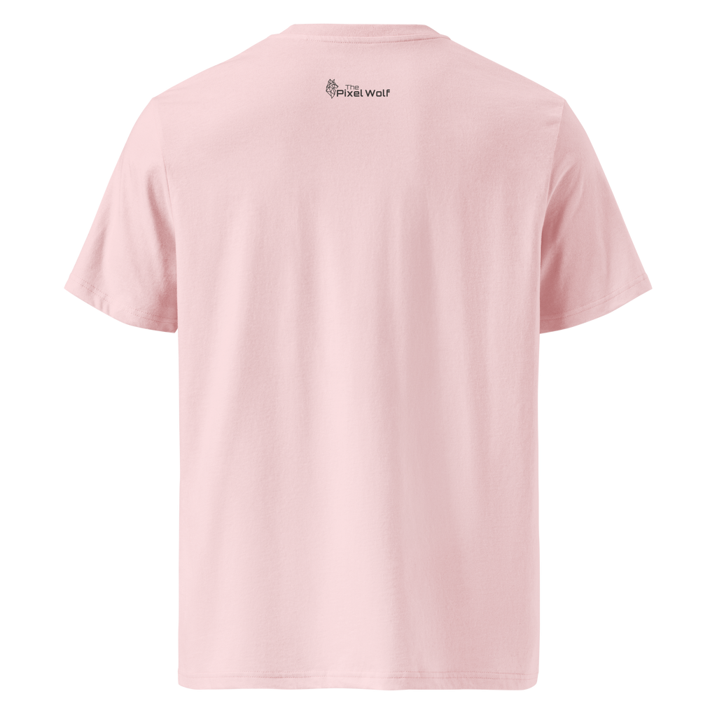 Cotton Pink organic cotton t-shirt back with The Pixel Wolf logo printed on upper back