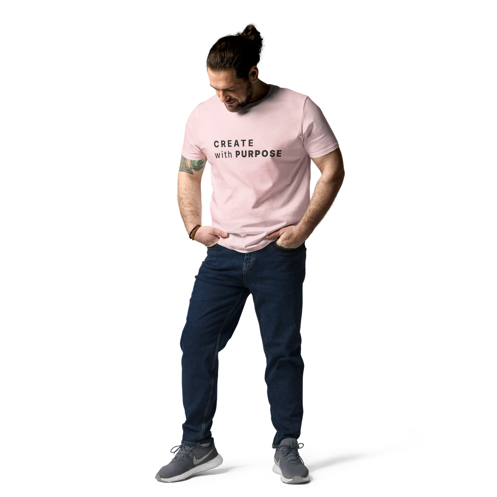 Cotton Pink organic cotton t-shirt lifestyle photo of man wearing “CREATE with PURPOSE”