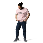 Cotton Pink organic cotton t-shirt lifestyle photo of man wearing “CREATE with PURPOSE”