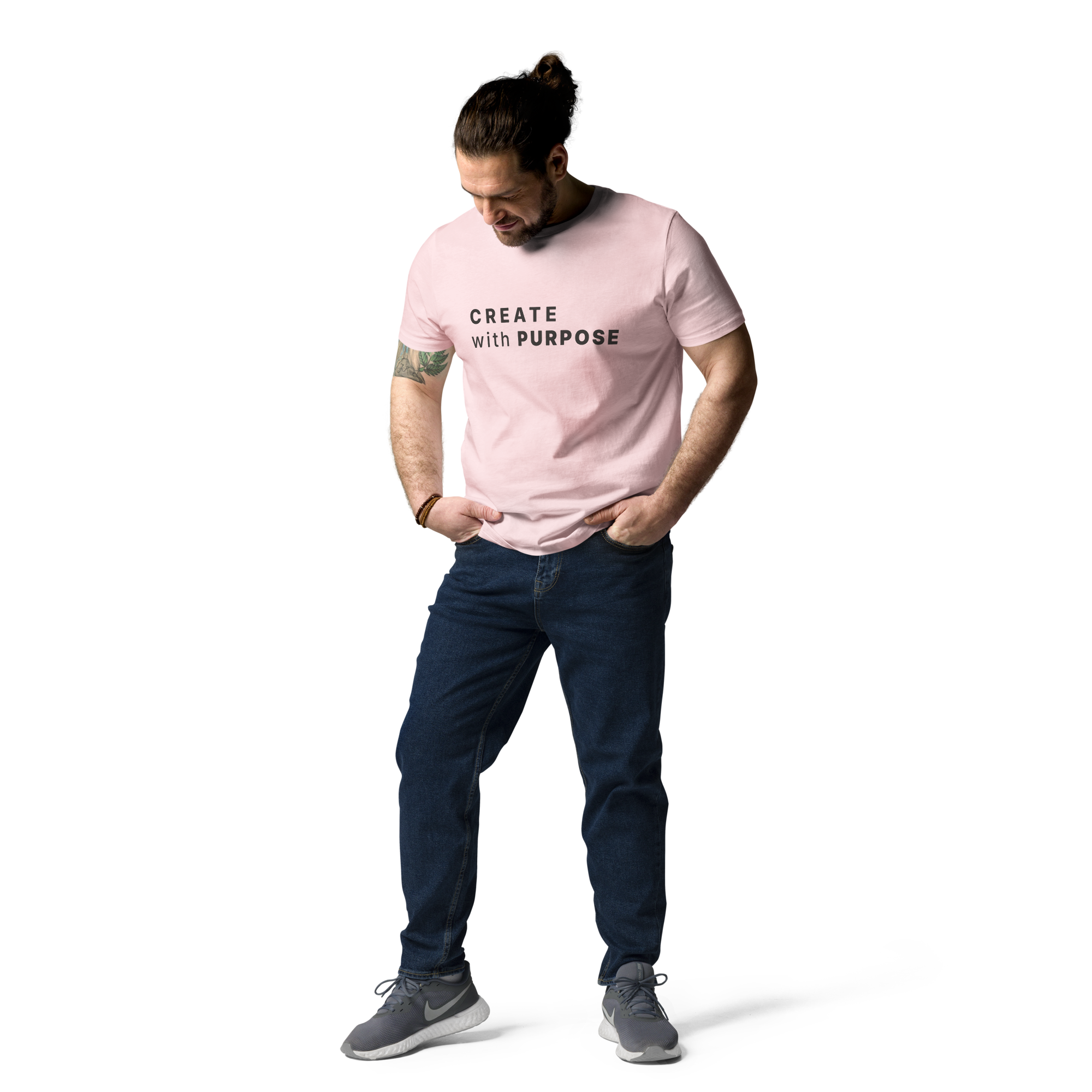Cotton Pink organic cotton t-shirt lifestyle photo of man wearing “CREATE with PURPOSE”