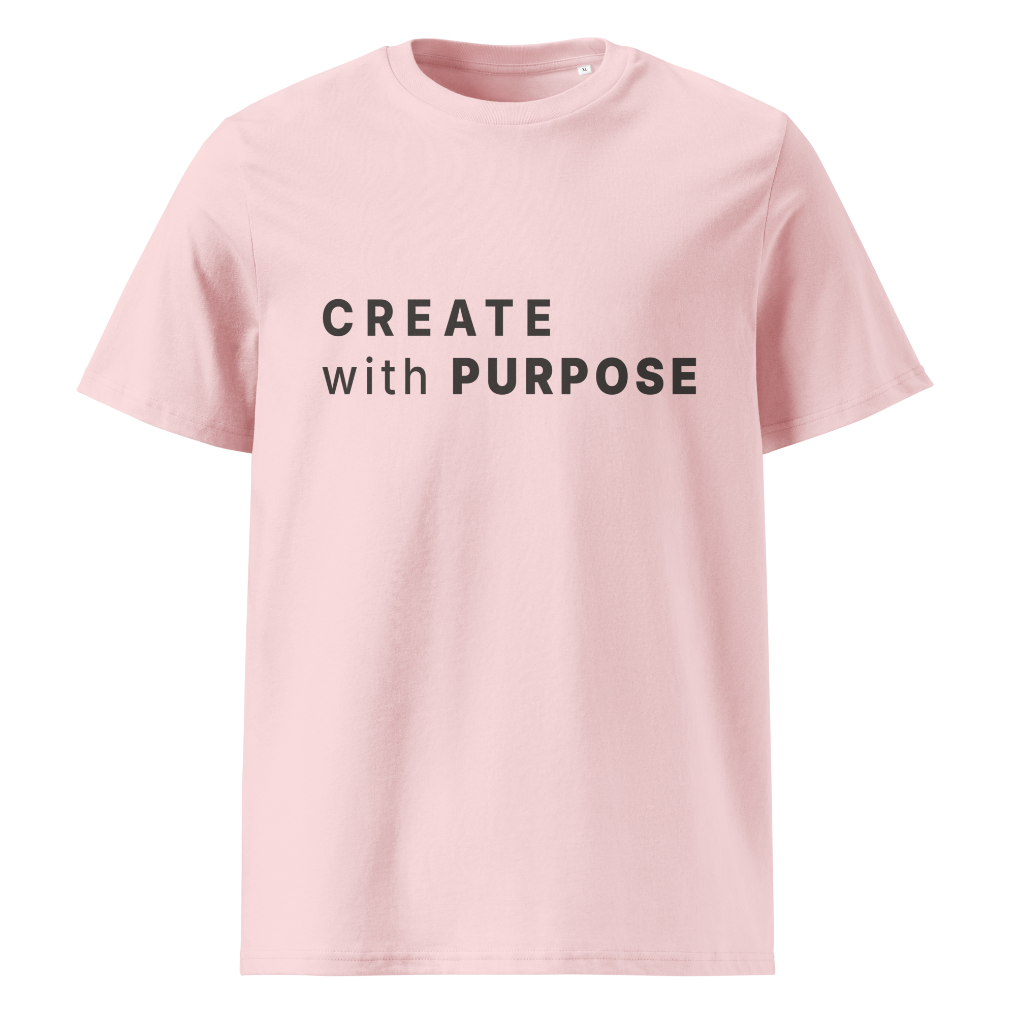 Cotton Pink organic cotton t-shirt front with “CREATE with PURPOSE” print