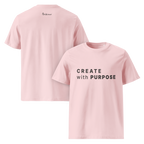 Cotton Pink organic cotton t-shirt dual view (front + back) with “CREATE with PURPOSE” front print and The Pixel Wolf logo on back