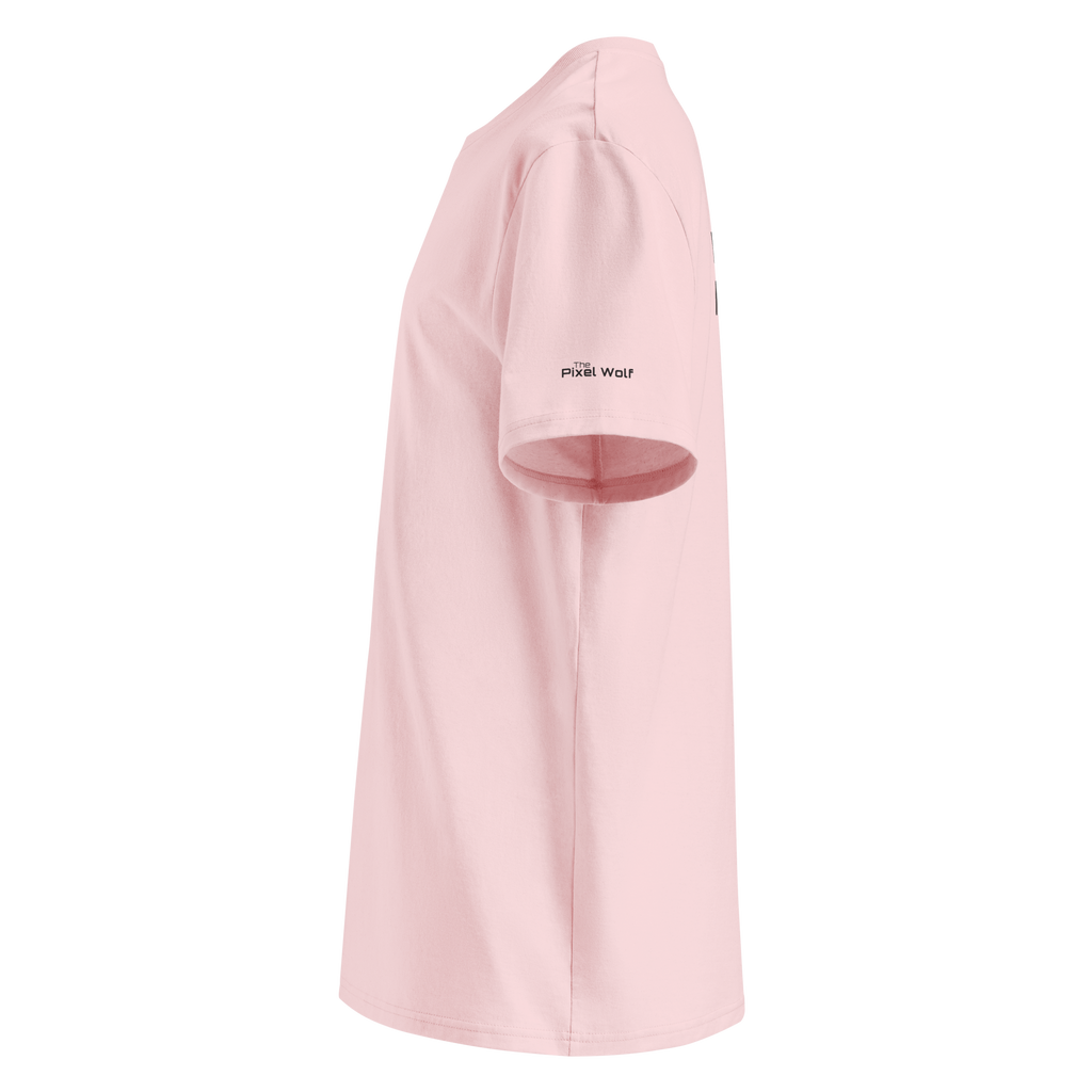 Cotton Pink organic cotton t-shirt left side view with sleeve logo detail – The Pixel Wolf