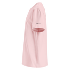 Cotton Pink organic cotton t-shirt left side view with sleeve logo detail – The Pixel Wolf