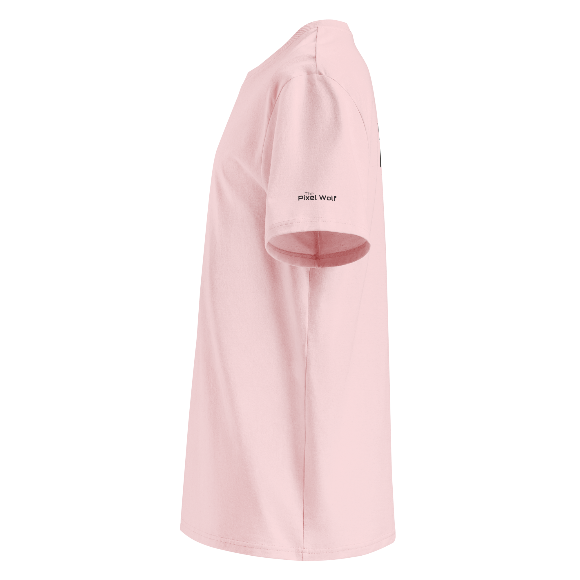 Cotton Pink organic cotton t-shirt left side view with sleeve logo detail – The Pixel Wolf