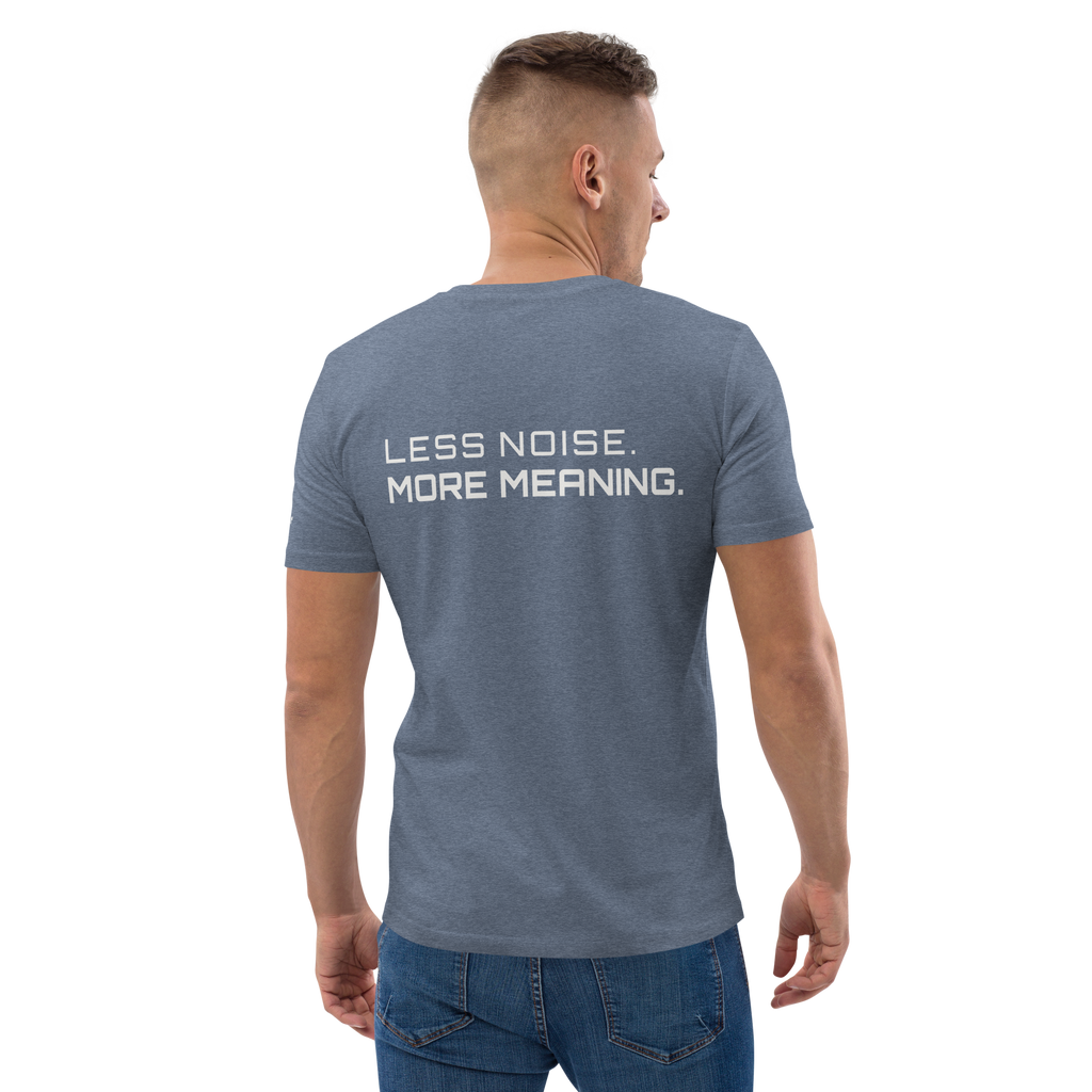 Dark Heather Blue organic cotton t-shirt lifestyle worn by model – The Pixel Wolf