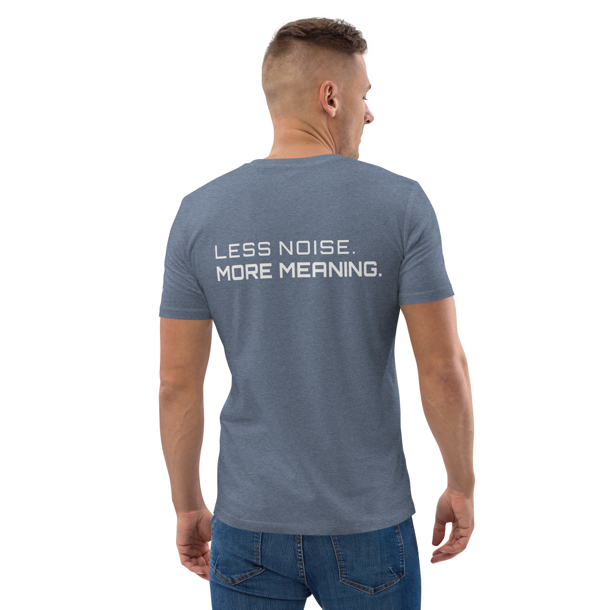 Dark Heather Blue organic cotton t-shirt lifestyle worn by model – The Pixel Wolf