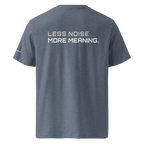 Dark Heather Blue organic cotton t-shirt back view with “Less Noise More Meaning” slogan – The Pixel Wolf